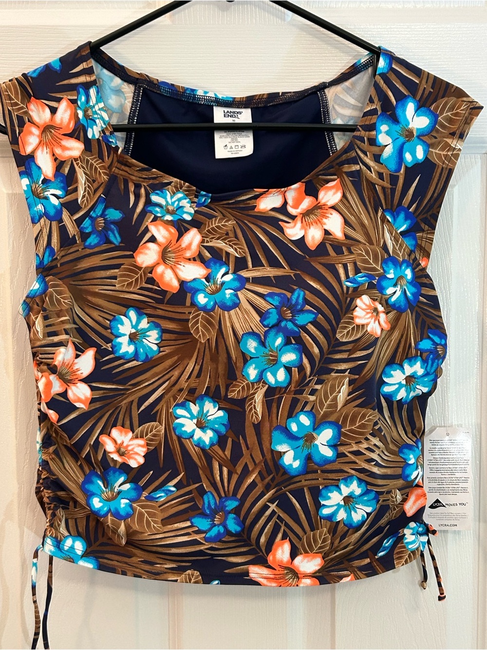 Lands End Swimsuit Tankini Top 10 New Blue Brown Tropical Floral Ruched Lycra